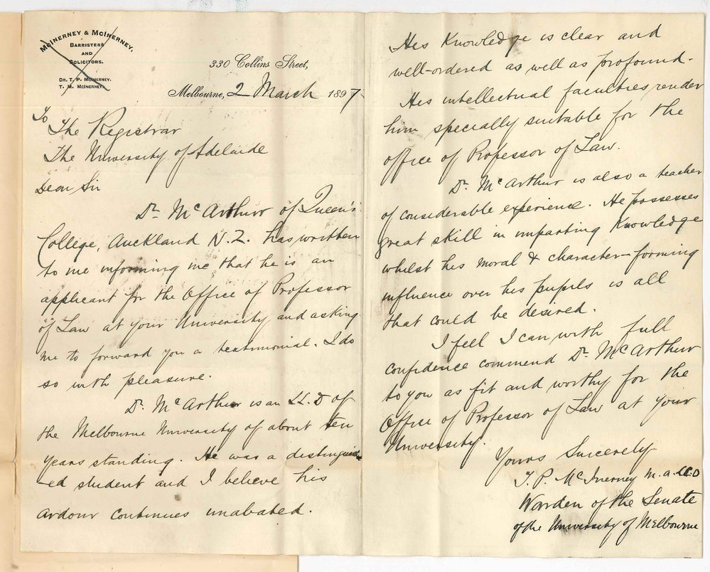 T P McInerney MA LLD - Warden of Melbourne University Senate - Testimonial for Dr A McArthur