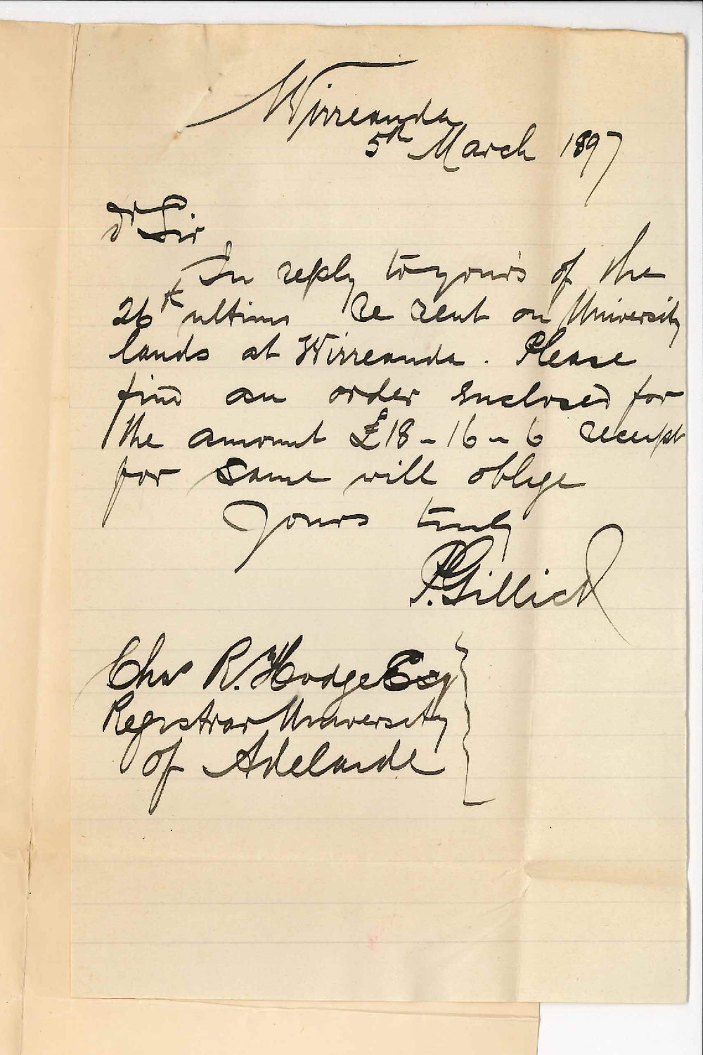 Patrick Gillick - Cradock - Re transfer of block 9 and sending cheque for Rent