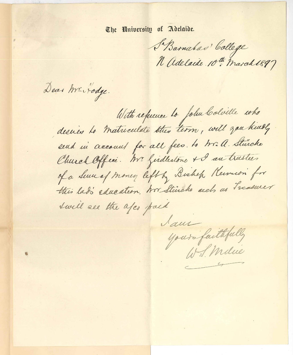 W S Milne - North Adelaide - Re fees for John Colville