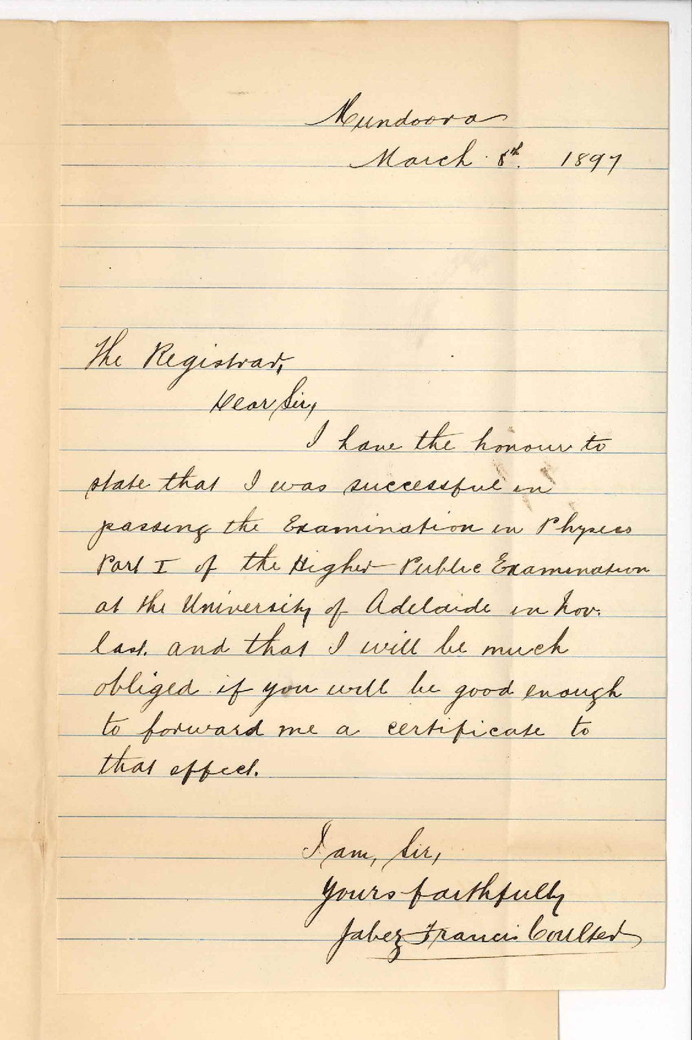 Jabez Francis Coulter - Asking for certificate for Physics 1
