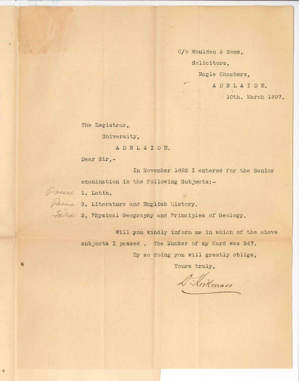 D Kirkman - Adelaide - Concerning Senior Public Examination 1892