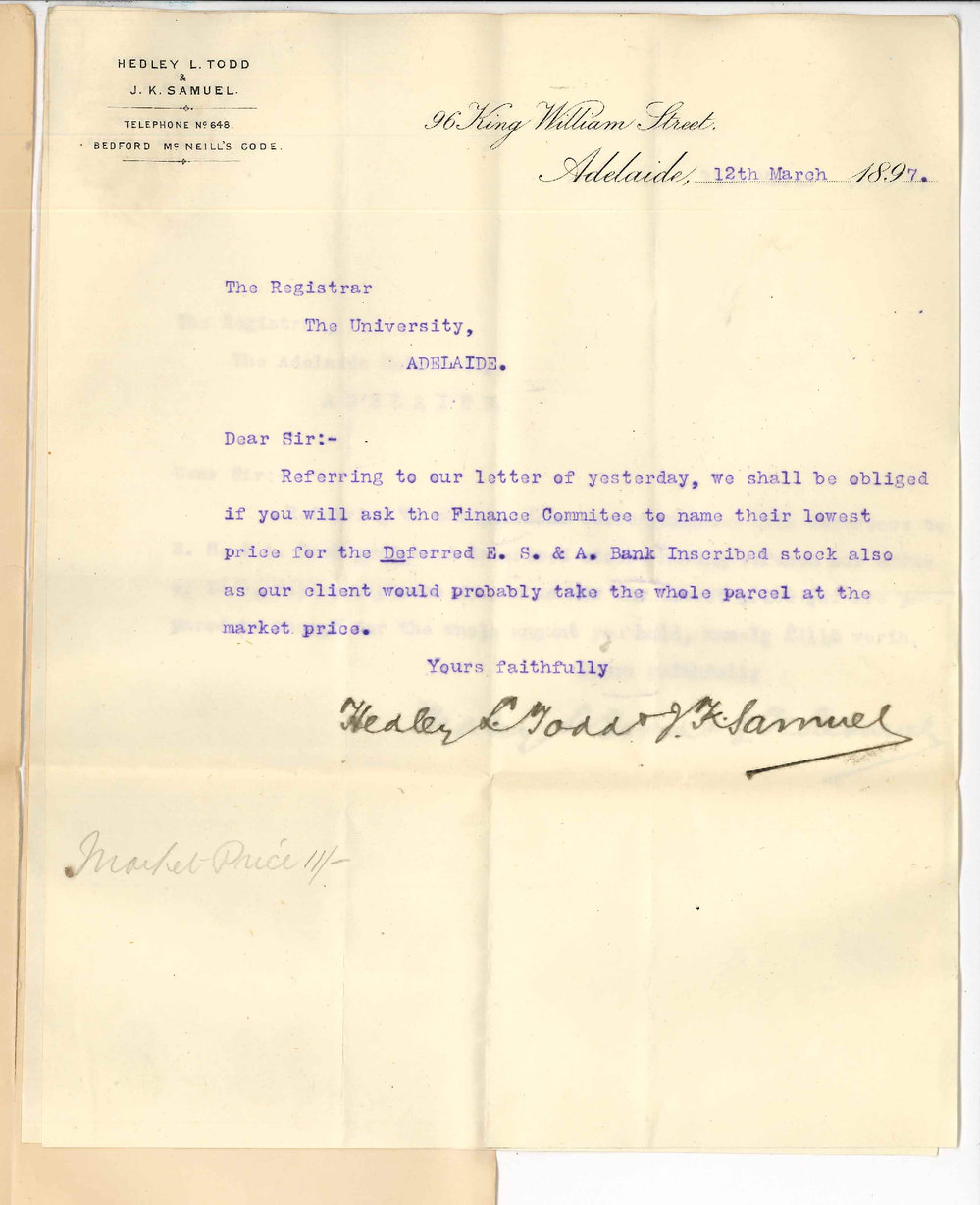 Hedley L Todd and J K Samuel - Adelaide - Asking price for Inscribed Stock