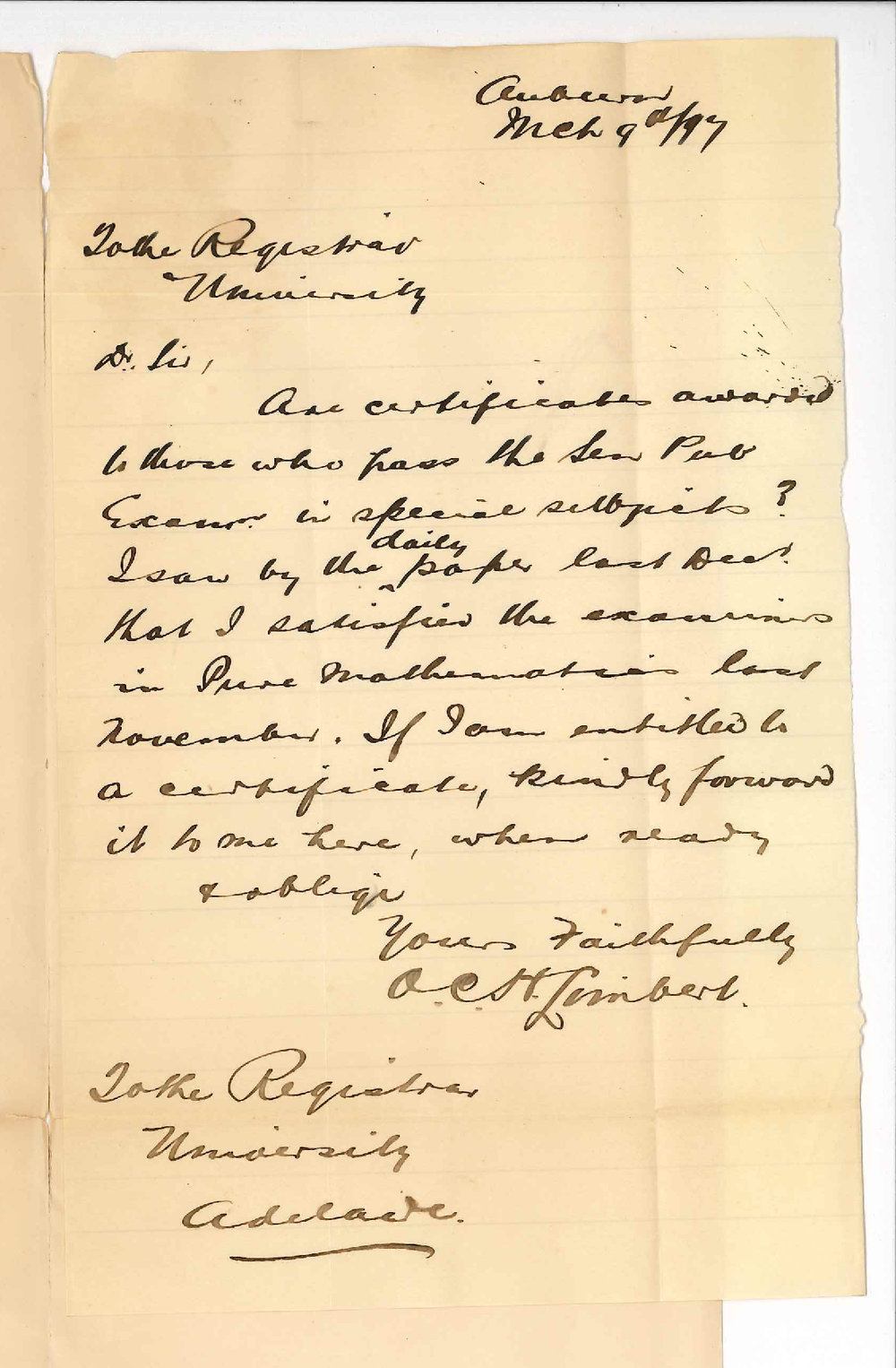 Osmund Charles Harvey Limbert - Auburn - Asking for certificate