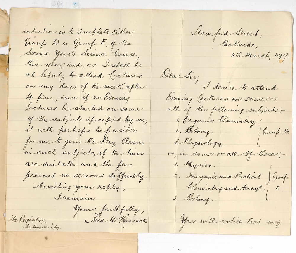 Frederick W Russack - Parkside - Information re Evening Lectures