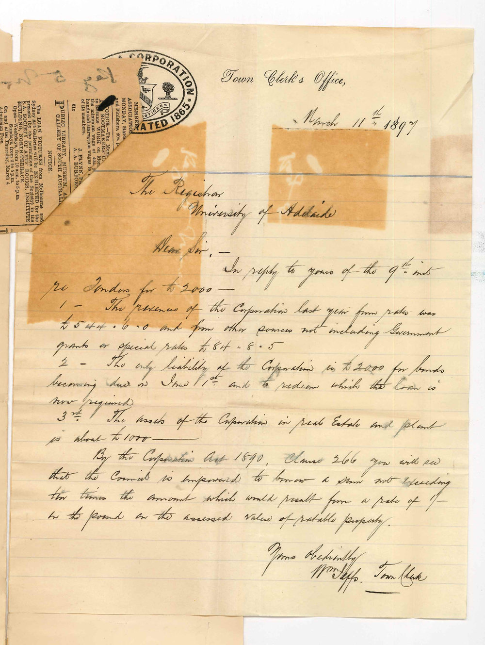 William Jeffs - Town Clerk - Kapunda - Information re Corporation of Kapunda