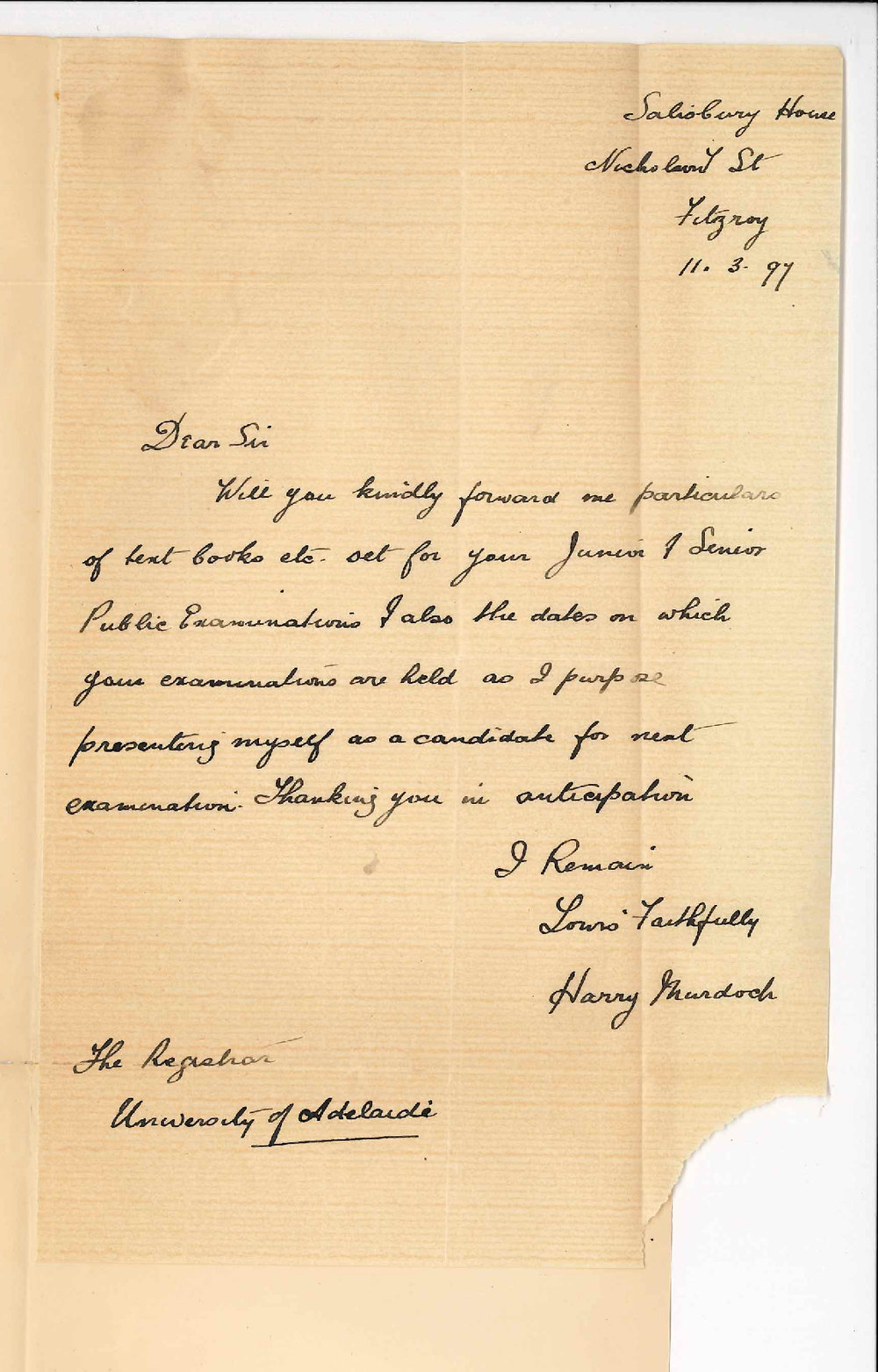 Harry Murdoch - Fitzroy - Particulars for Junior Senior Exams