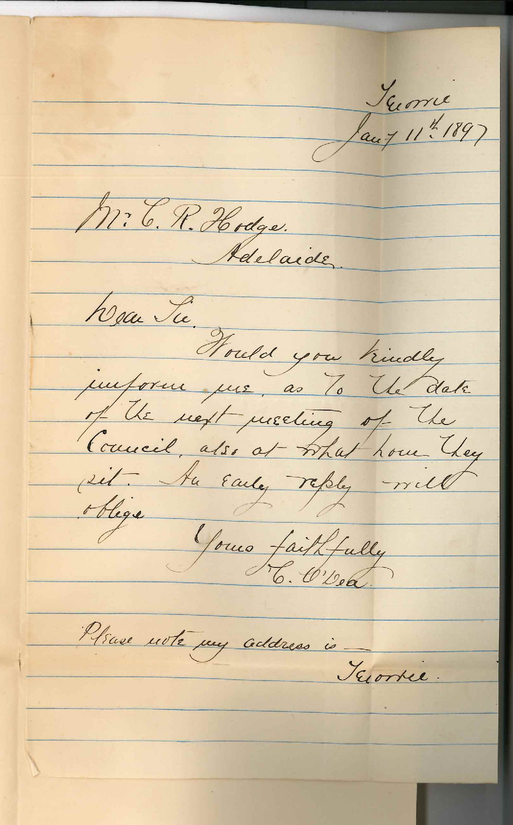 C O'Dea - Terowie - Date of next Meeting of Council