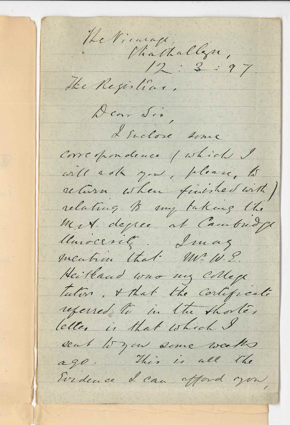 Alfred Wheeler MA - Strathalbyn - Enclosing correspondence referring to Degree