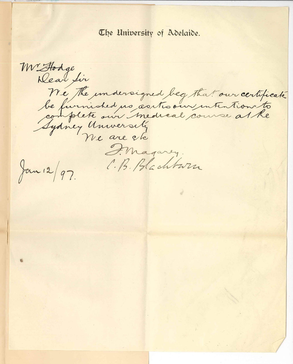 F Magarey and Charles Bickerton Blackburn - Requesting MB Certificates