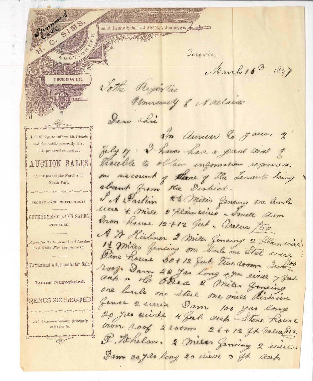 William Summers - Terowie - Information concerning tenants