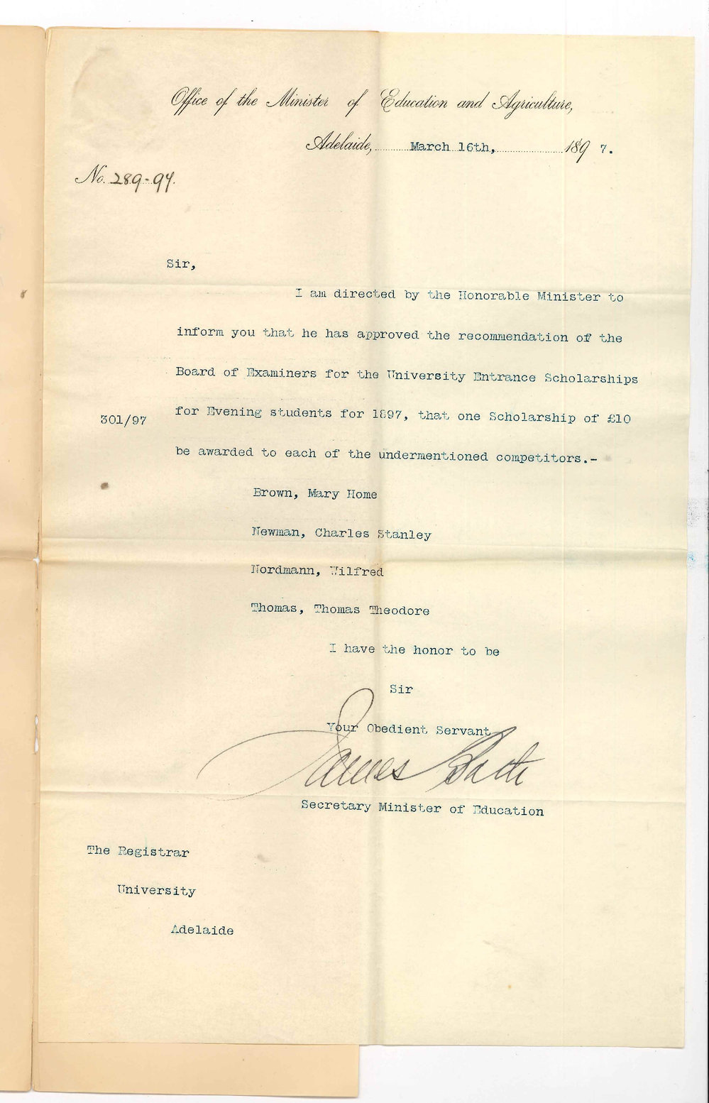 James Bath - Secretary - Office of the Minister of Education and Agriculture - Approving award of Scholarships