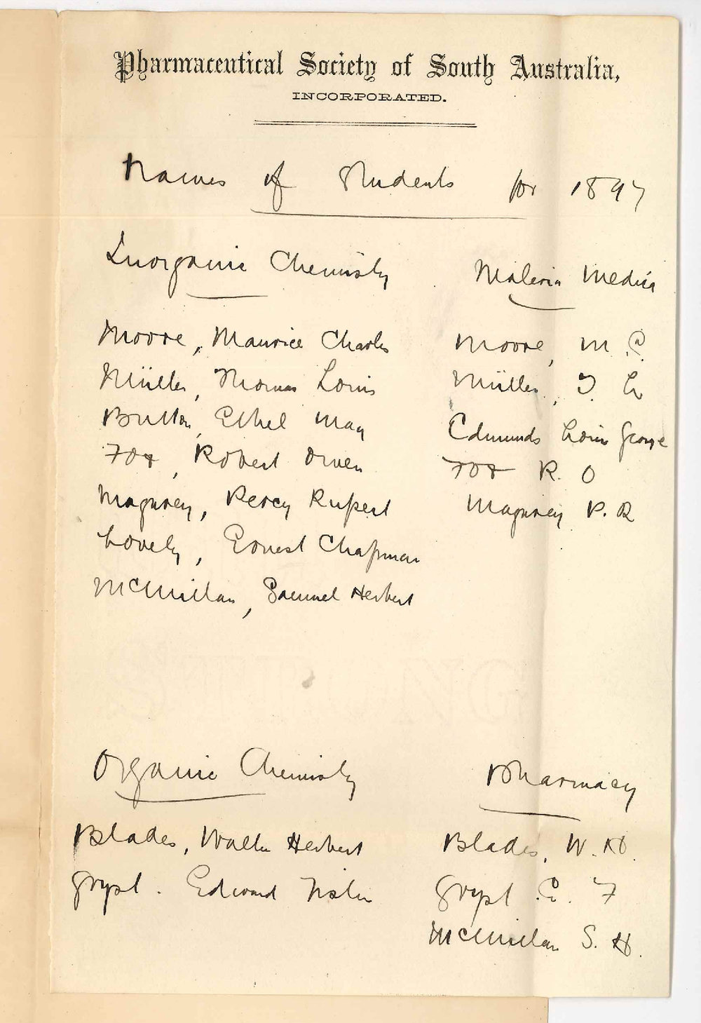 R S Young - Pharmaceutical Society of South Australia - Sending names of Students