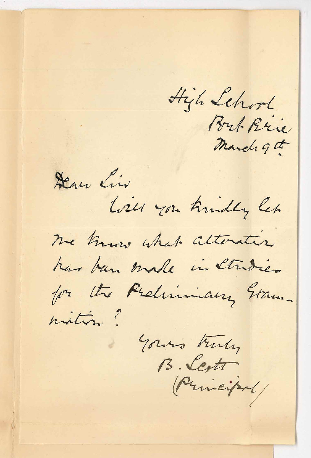 Bessie Scott - High School - Port Pirie - Re alterations in Preliminary Examination