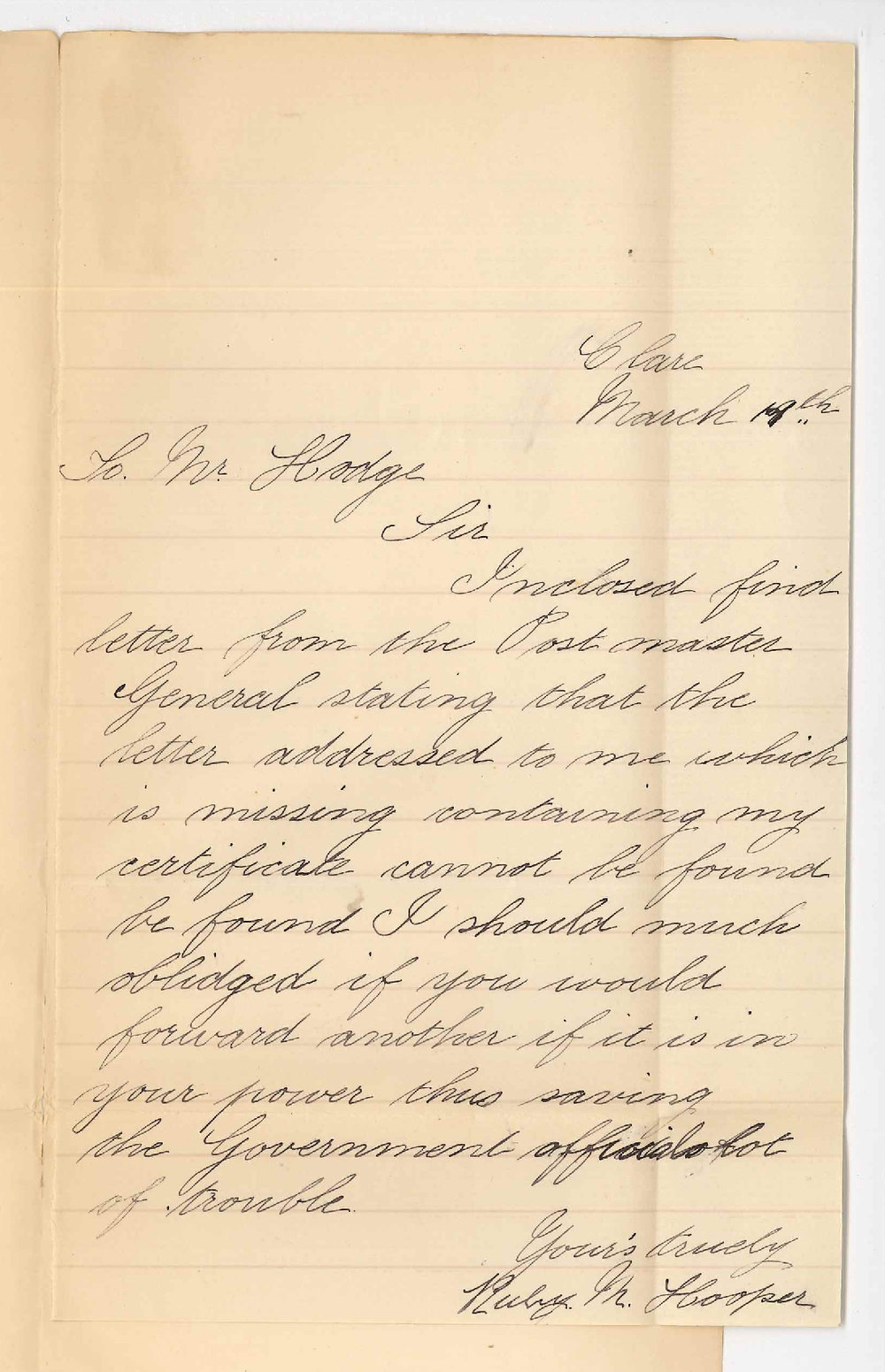 Ruby M Hooper - Clare - Concerning missing Music certificate