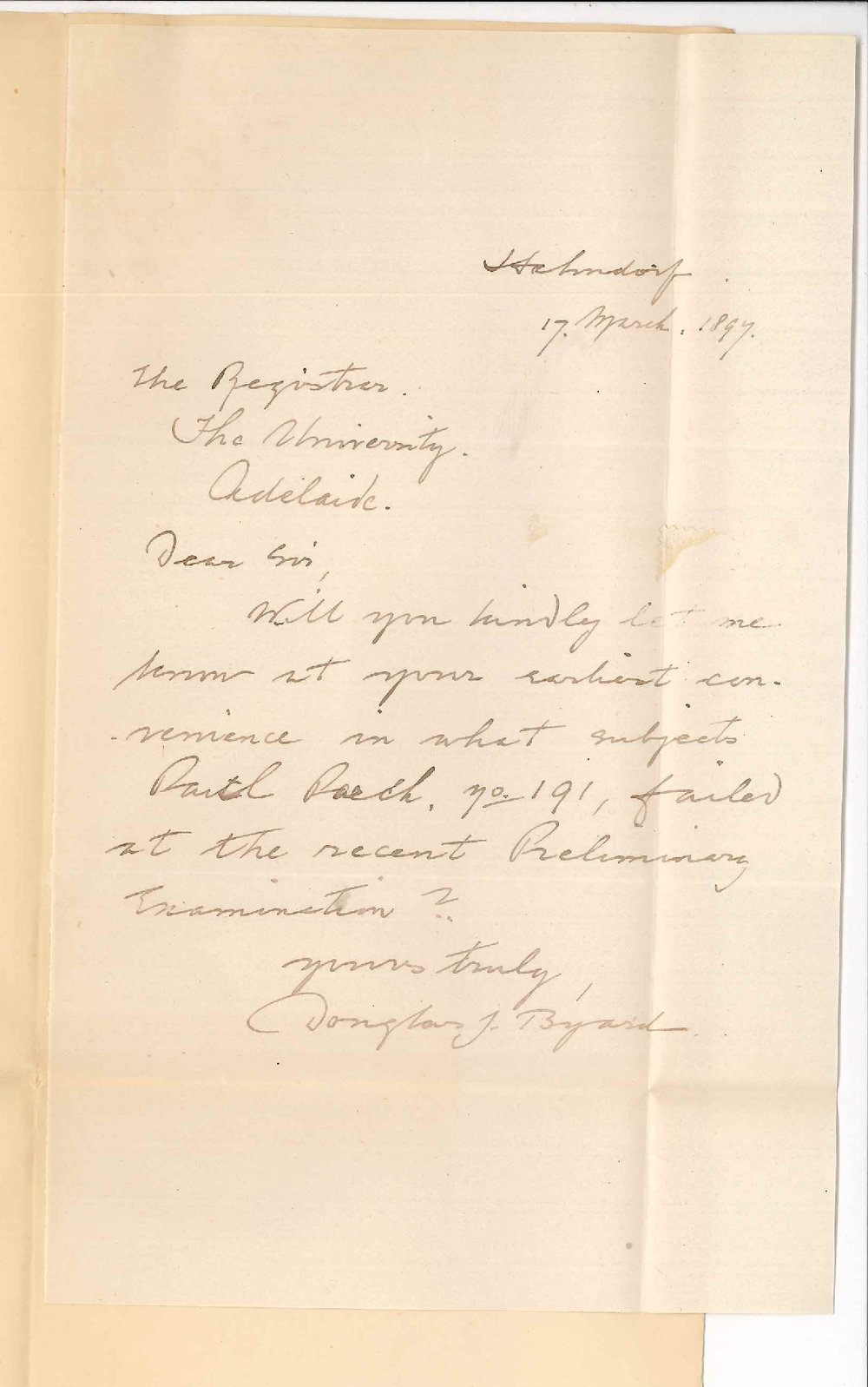 Douglas J Byard - Hahndorf - Re failure of Paul Paech at Preliminary