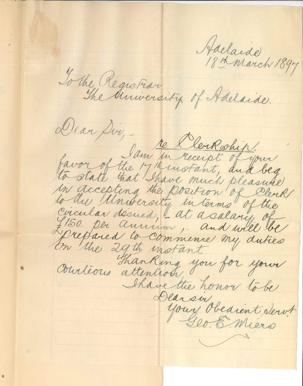 George E Miers - Thanking Council for appointment