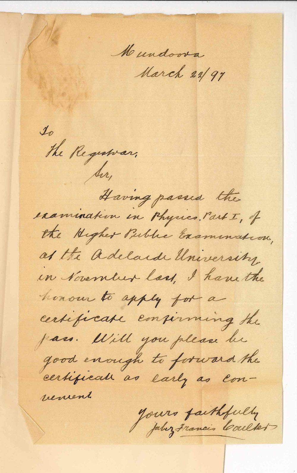 Jabez Francis Coulter - Mundoora - Asking certificate for Physics Part 1