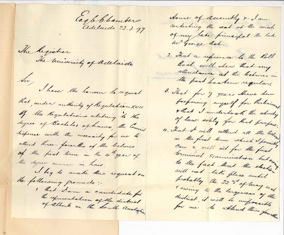 Herbert Angas Parsons - Adelaide - Asking to be excused from lectures