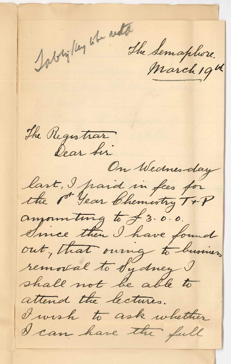 Matthew H Campbell - Semaphore - Asks for refund of Chemistry fees