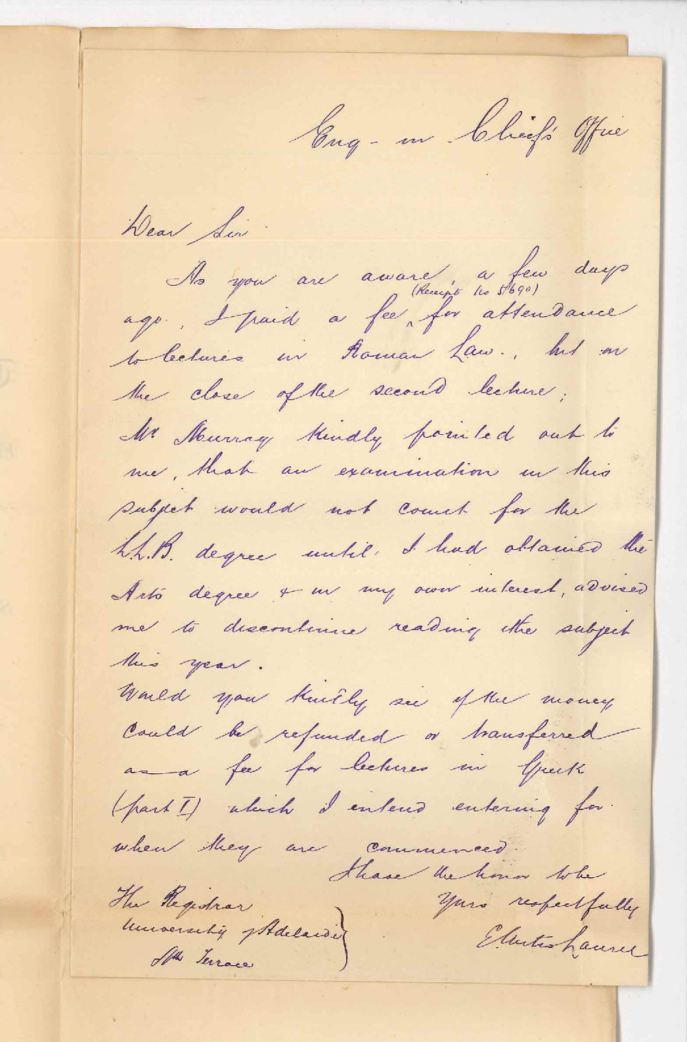 Ebenezer Curtis Laurie - Adelaide - Asks for refund of fee paid for Roman Law
