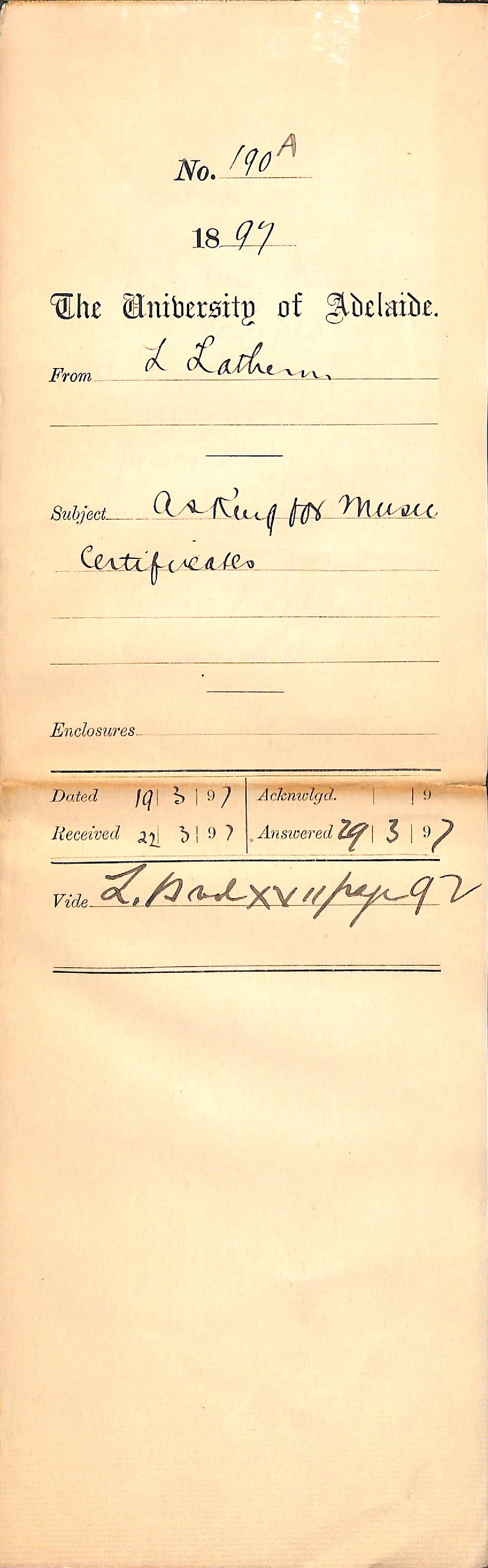 L Lathern - Moonta Mines - Asking for music certificate for Dorcas Hunn - Annie Skinner - Lilian Lucas