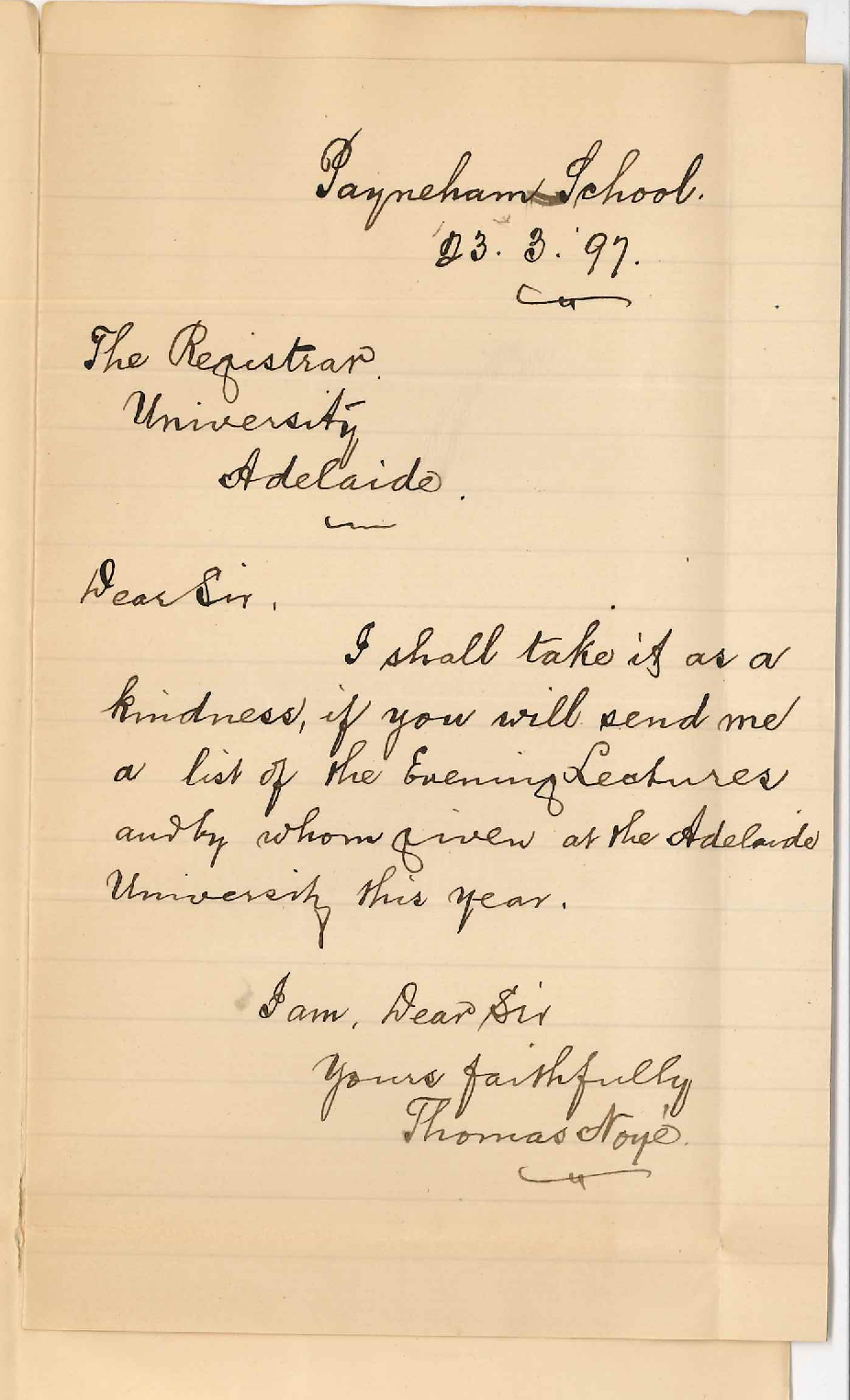 Thomas Noye - Payneham - Information re Evening Classes