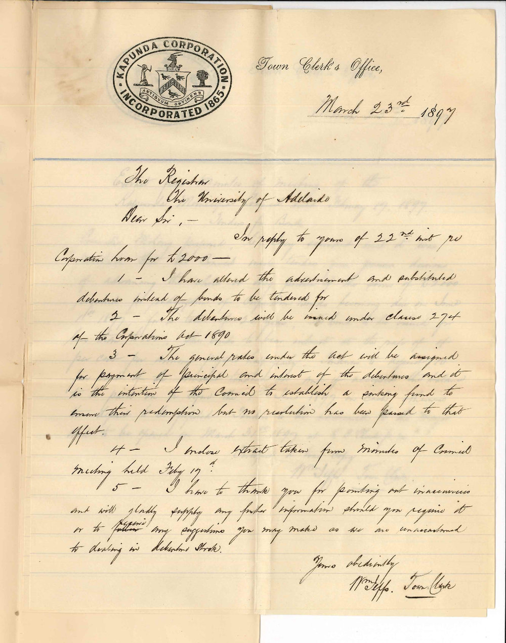 William Jeffs - Town Clerk - Kapunda - Information re proposed issue of Corporation Books
