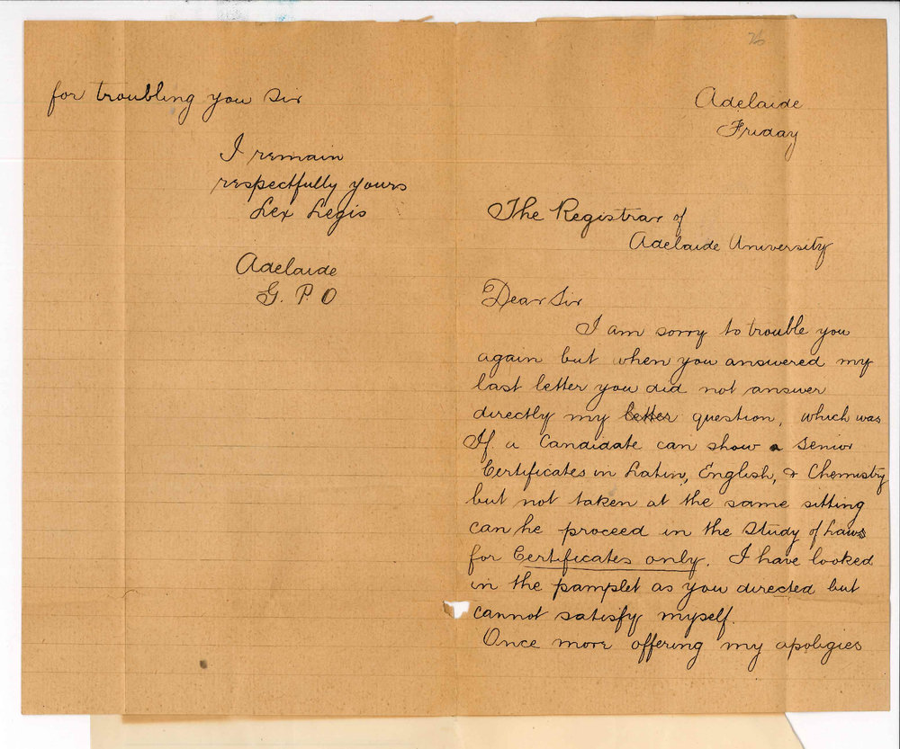 Lex Legis - General Post Office Adelaide - Asking if he can proceed in study of Laws for Certificate only