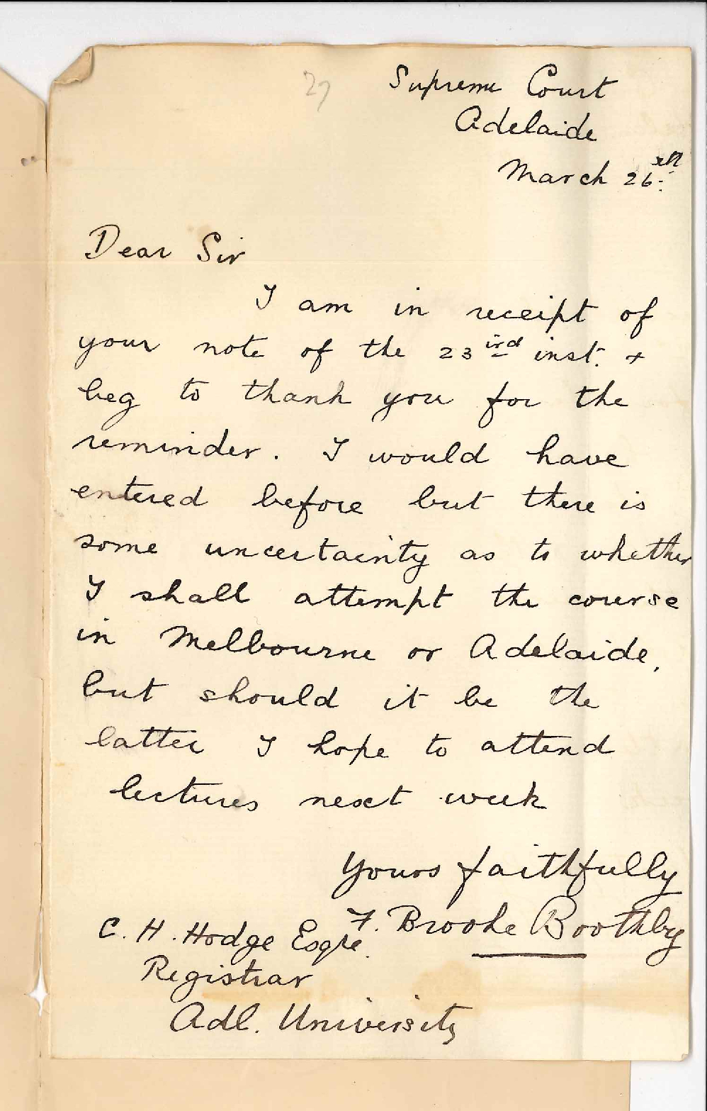 Frederick Brooke Boothby - Supreme Court - Regarding entering for Law Course