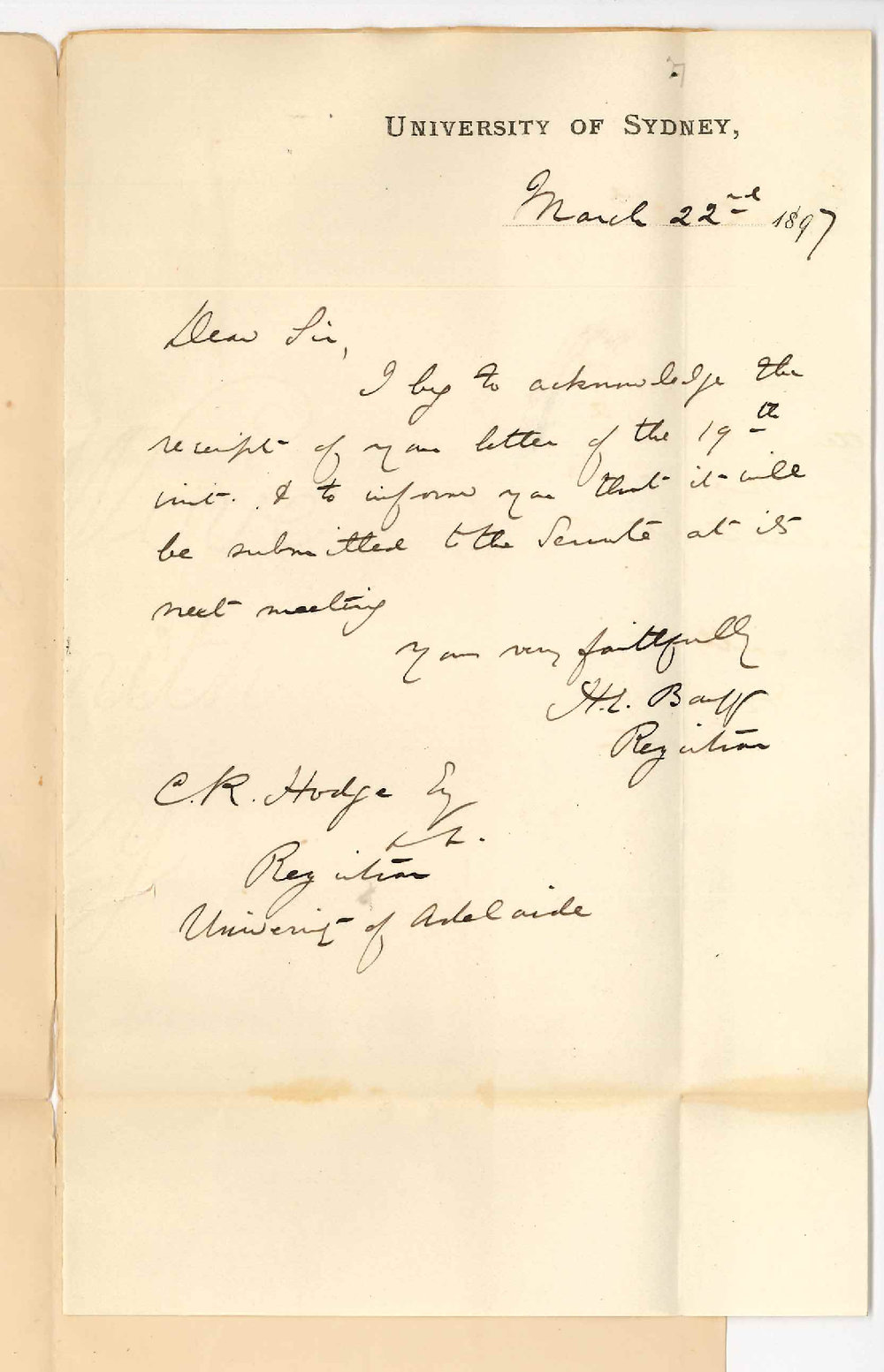 Henry Ebenezer Barff - Registrar - University of Sydney - Stating that letter will be submitted to Senate