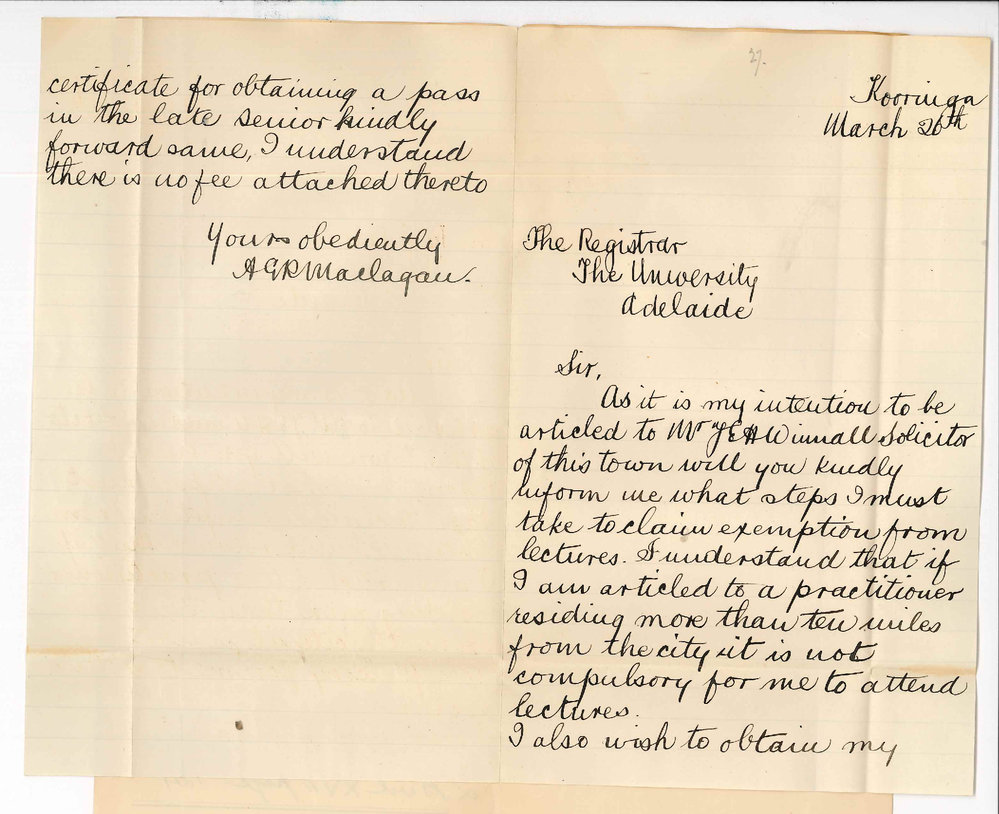 Archibald George Remington Maclagan - Kooringa - Asking to be exempted from lectures also for Senior Certificate