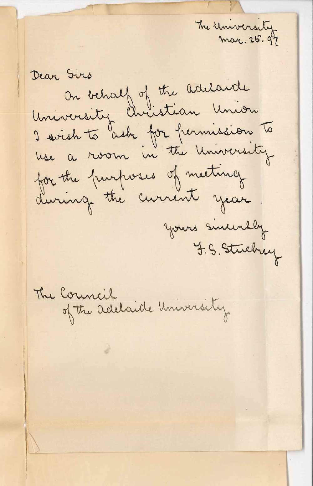 Francis S Stuckey - President - Adelaide University Christian Union - Asking permission to use room