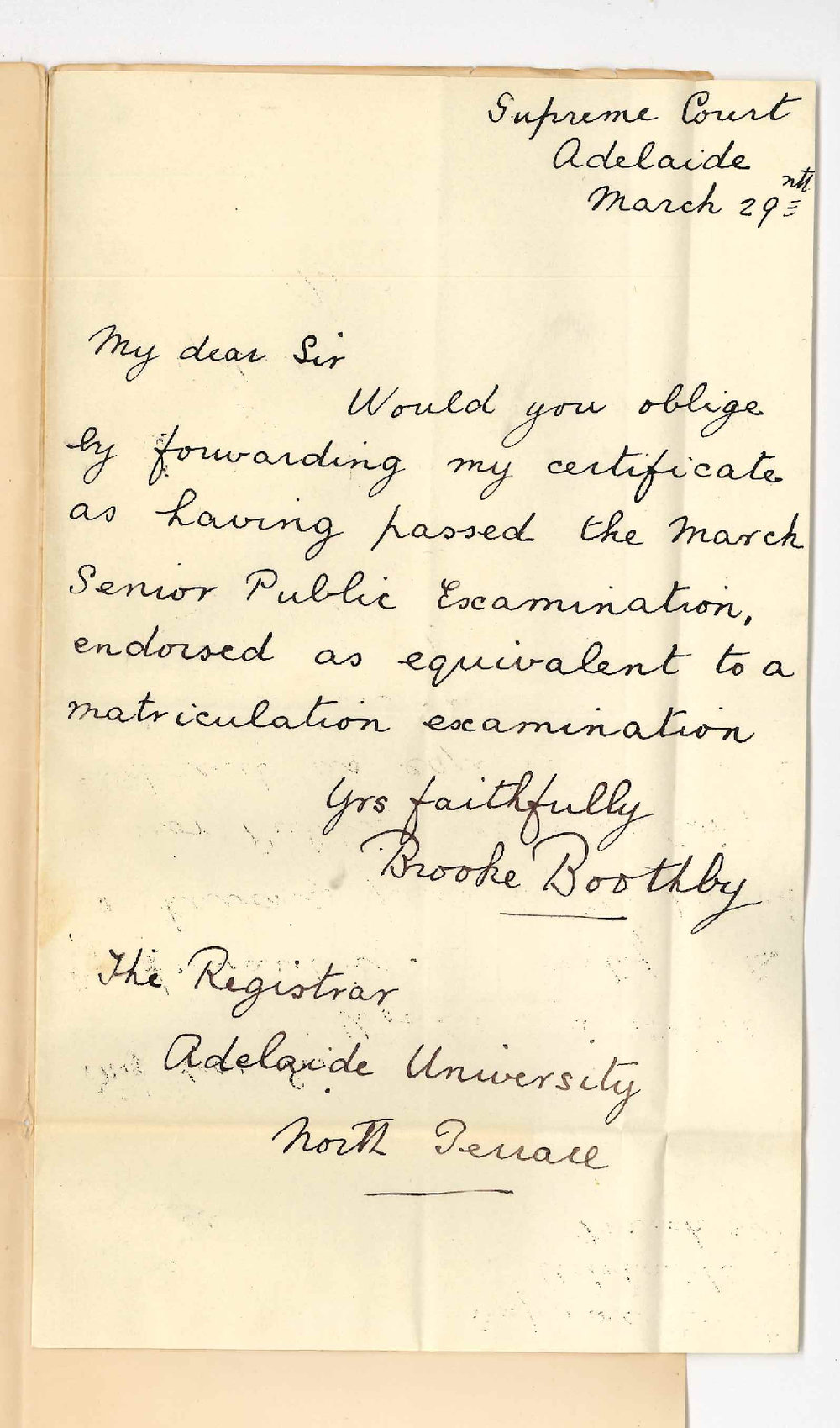 Frederick Brooke Boothby - Supreme Court Adelaide - Request for Certificate Senior Public Exam