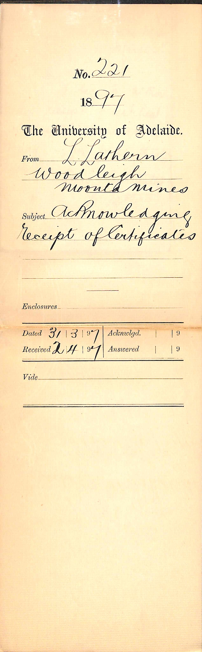 L Lathern - Woodleigh Moonta Mines - Acknowledging receipt of Certificates