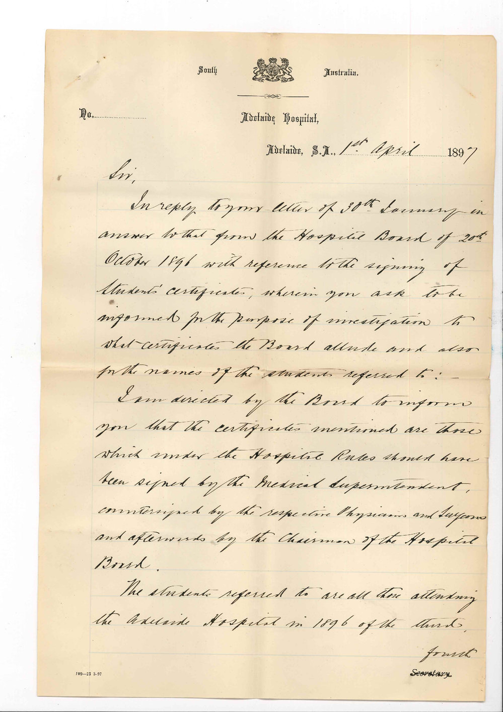 H D Haggard - Secretary - Adelaide Hospital - Regarding students Certificates