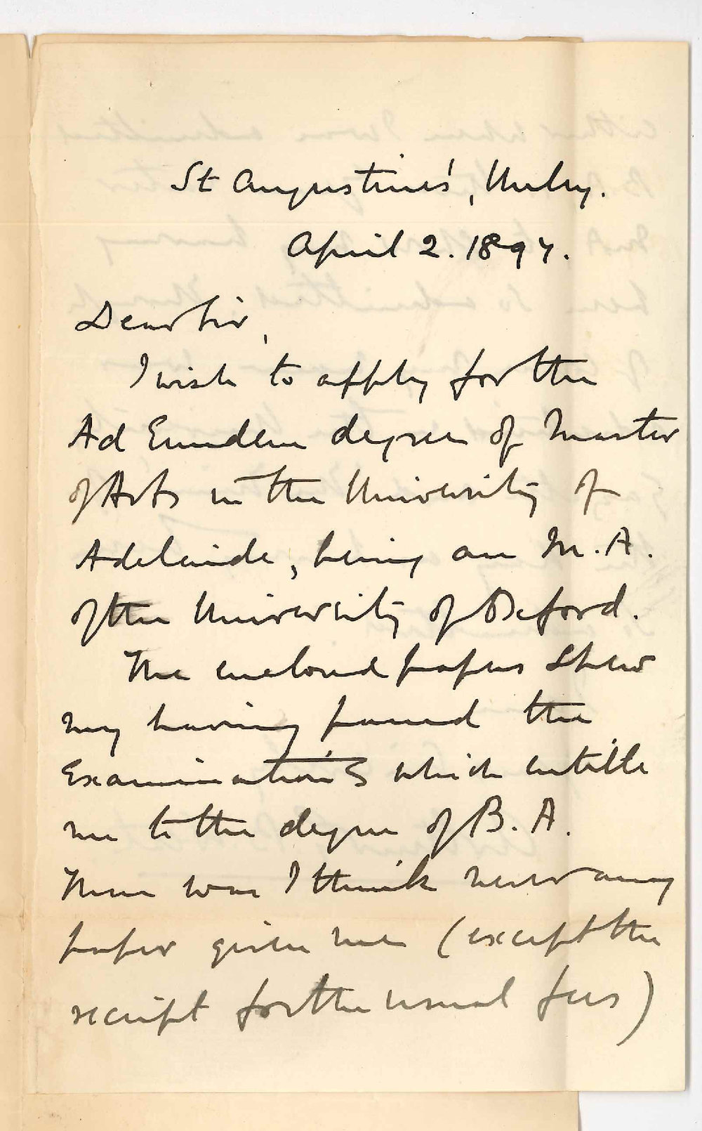 Arthur George Bainbridge West - St Augustines - Unley - Application for MA Degree