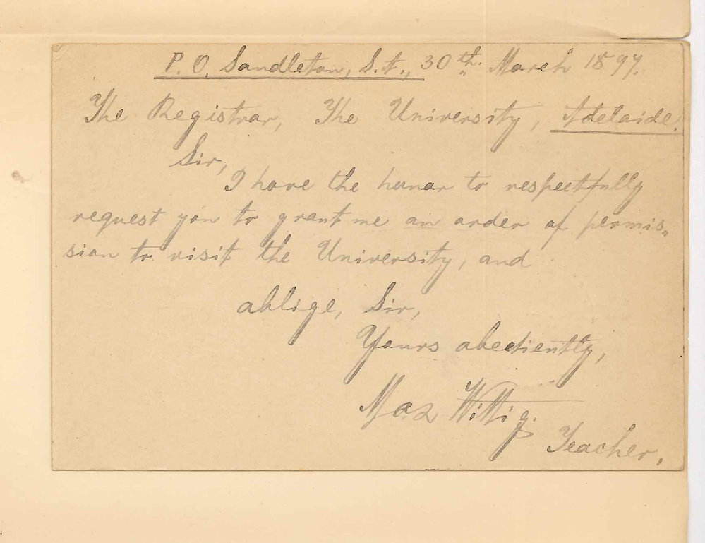 Max Witting - Teacher - Post Office Sandleton - South Australia - Request to inspect University