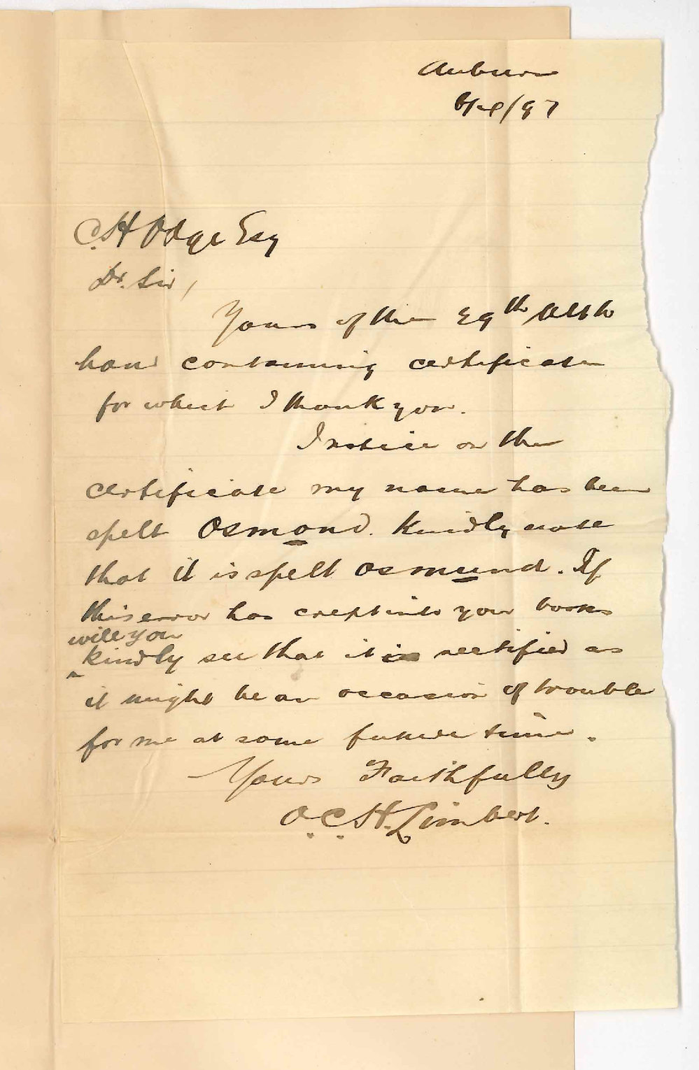 Osmund Charles Harvey Limbert - Auburn - Acknowledging receipt of certificate