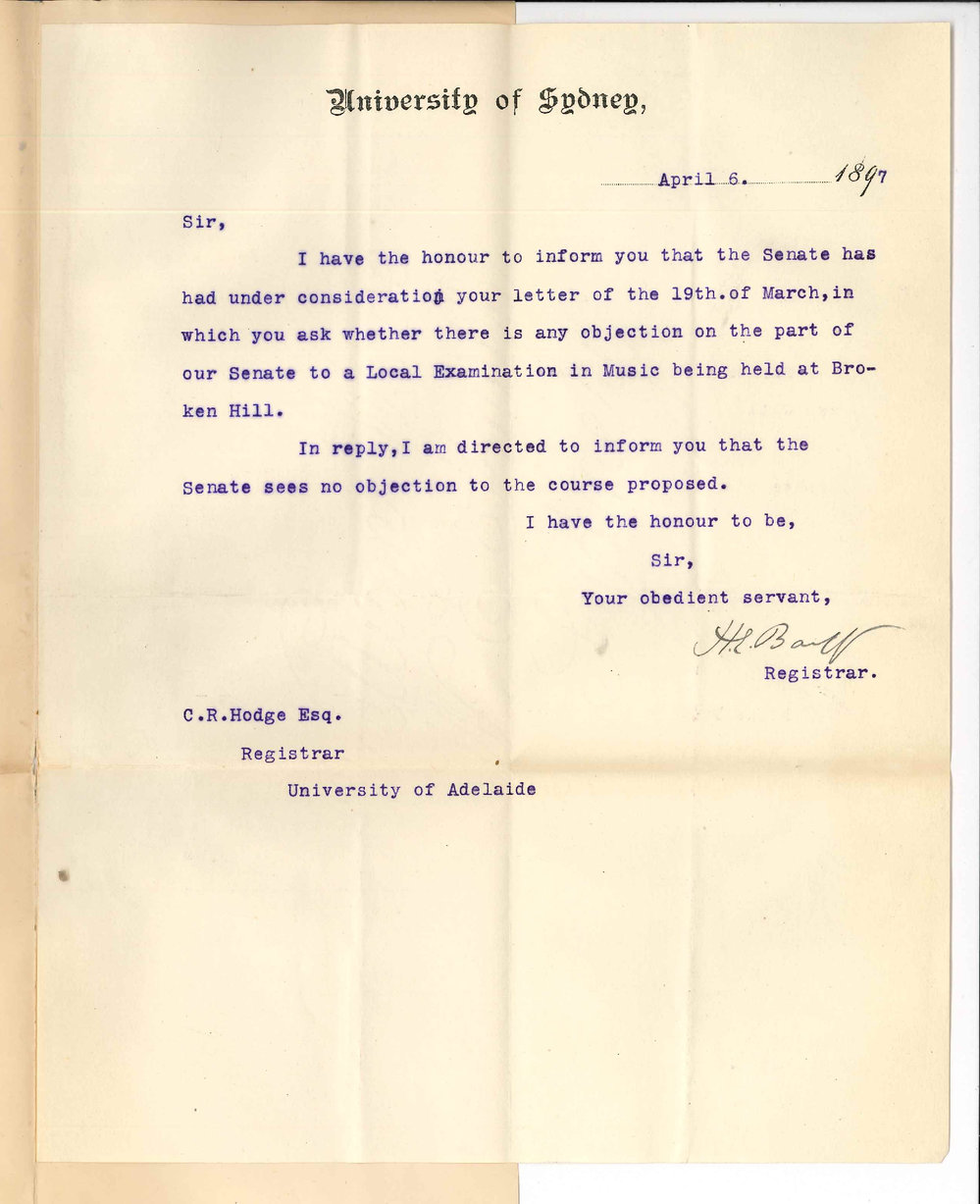 Henry Ebenezer Barff - Registrar - Sydney University - Re Music Exams at Broken Hill