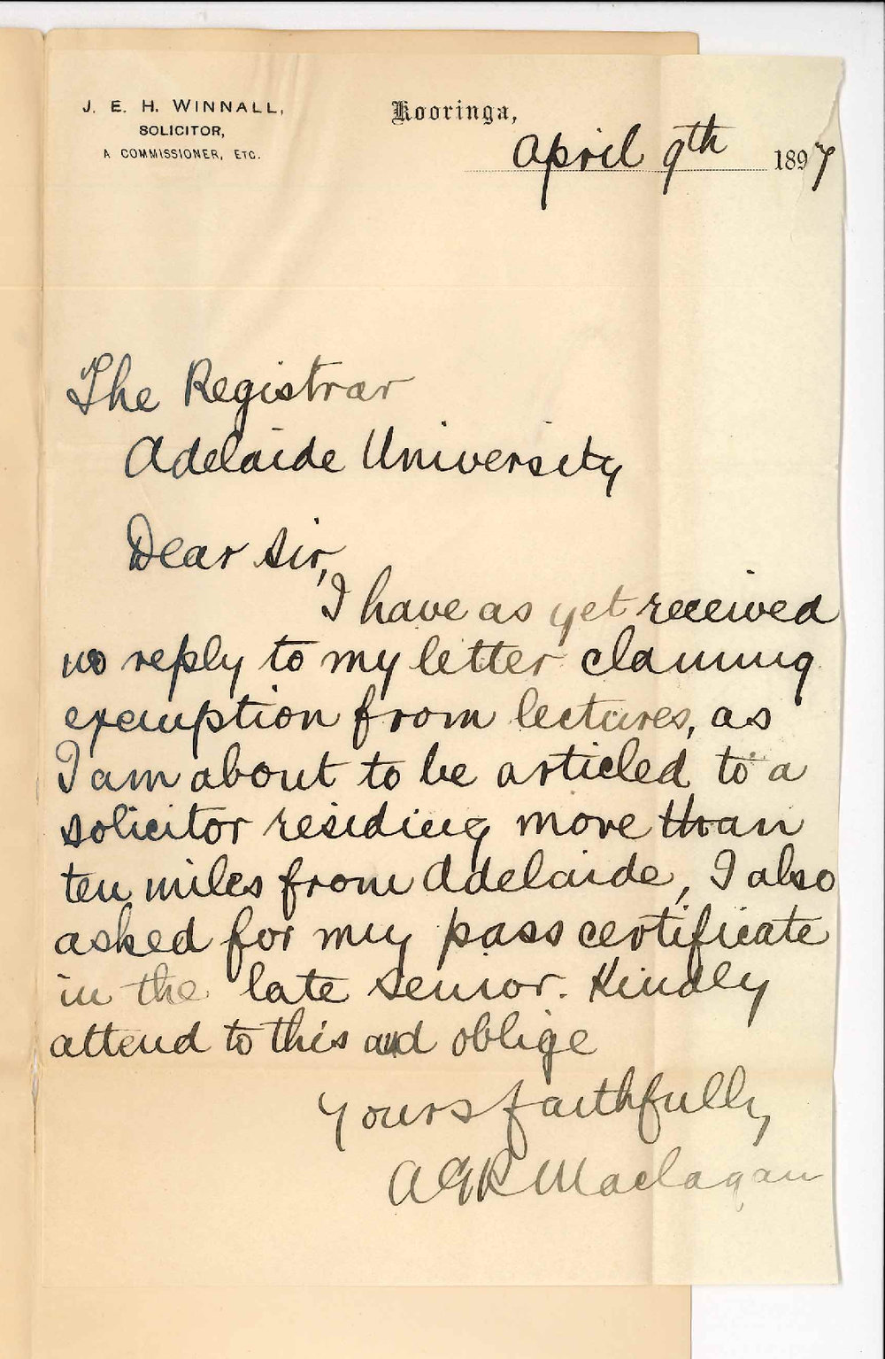 Archibald George Remington Maclagan - Kooringa - Claiming exemption from Lectures - request for Senior Public Exam Certificate