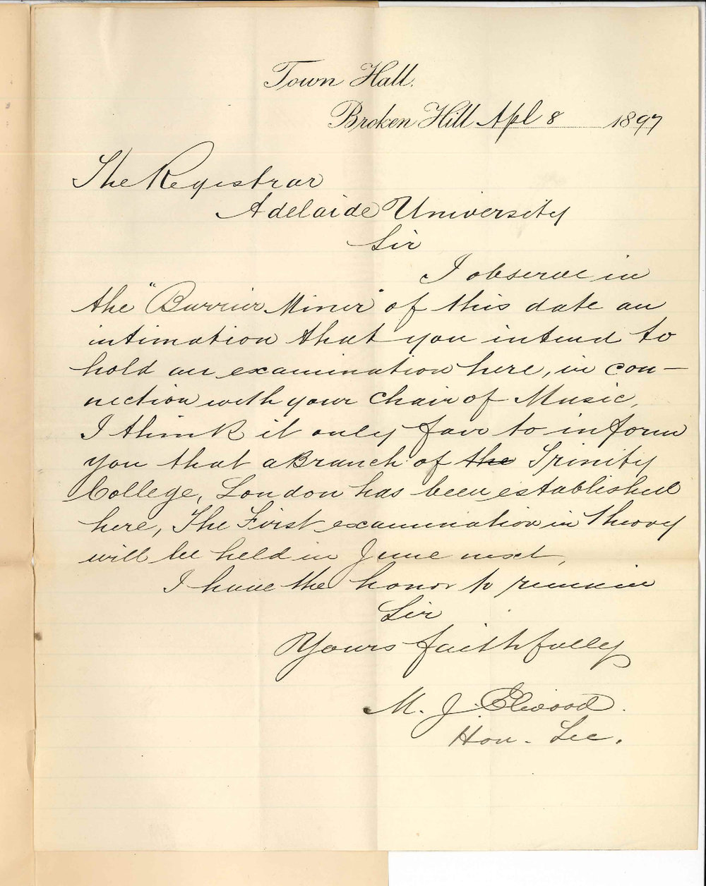 M J Elwood - Broken Hill - Concerning the Music Exams at Broken Hill