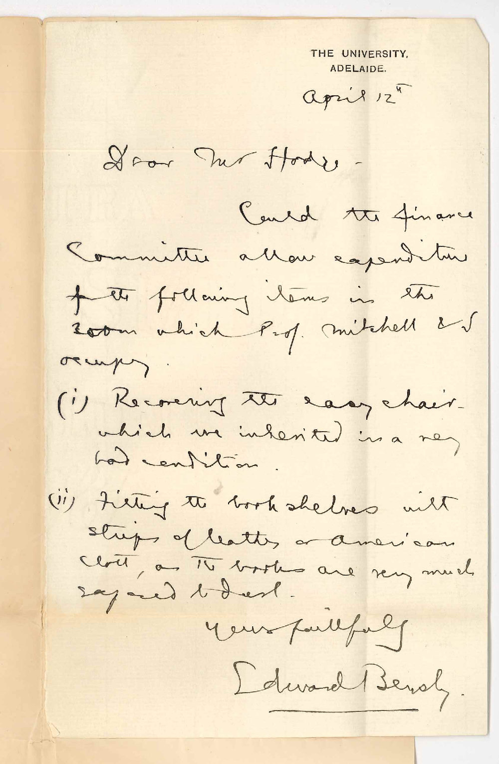 Edward Bensley - University - Request for repairs to furniture