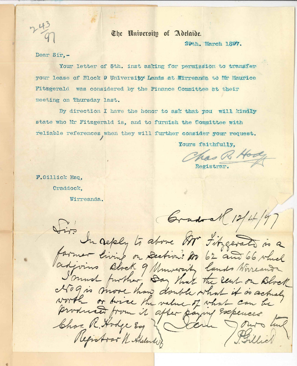 Patrick Gillick - Cradock - Regarding University Lands at Wirreanda