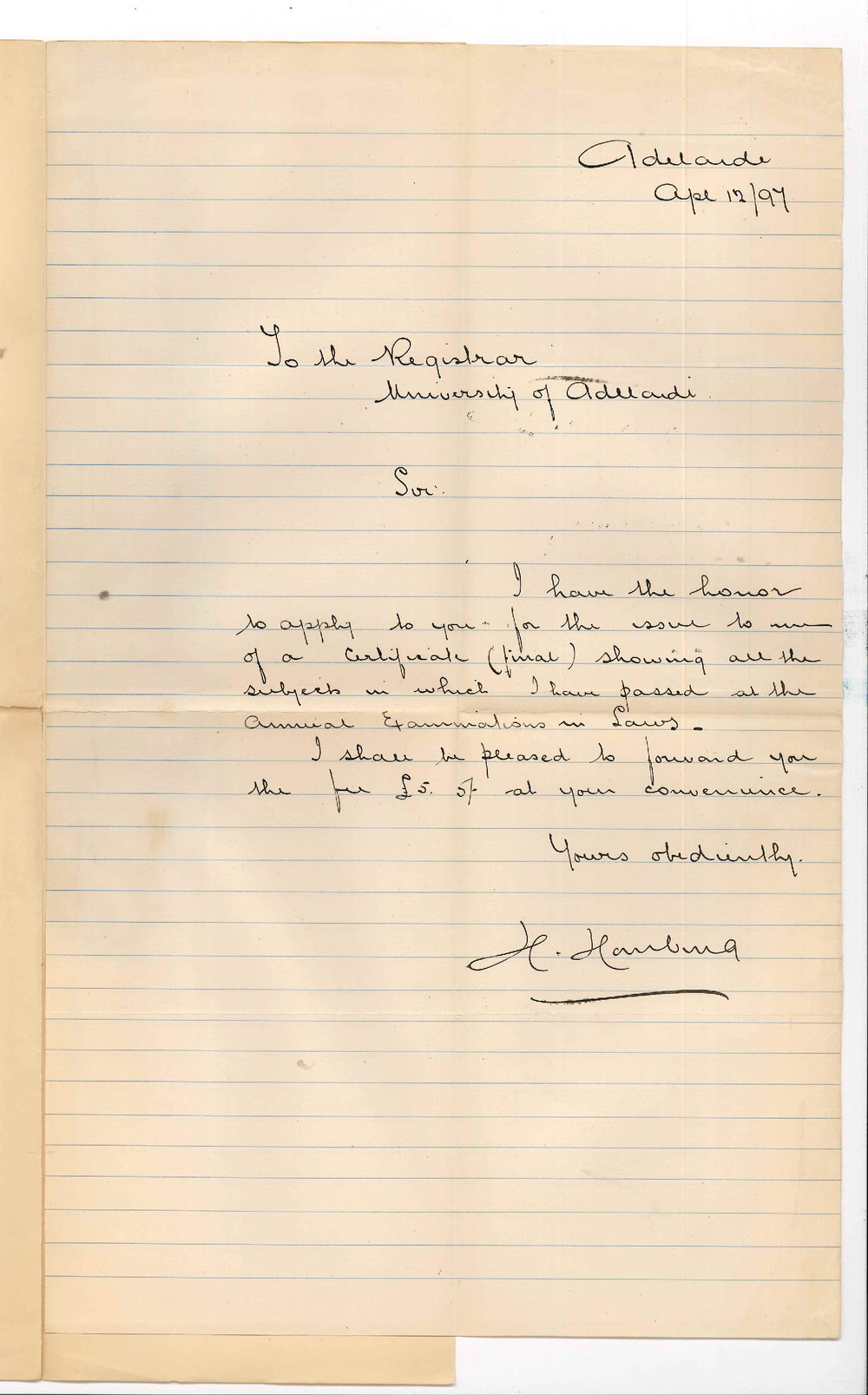 H Hamburg - Adelaide - Requisition for final Certificate for all subjects passed in Examinations in Laws