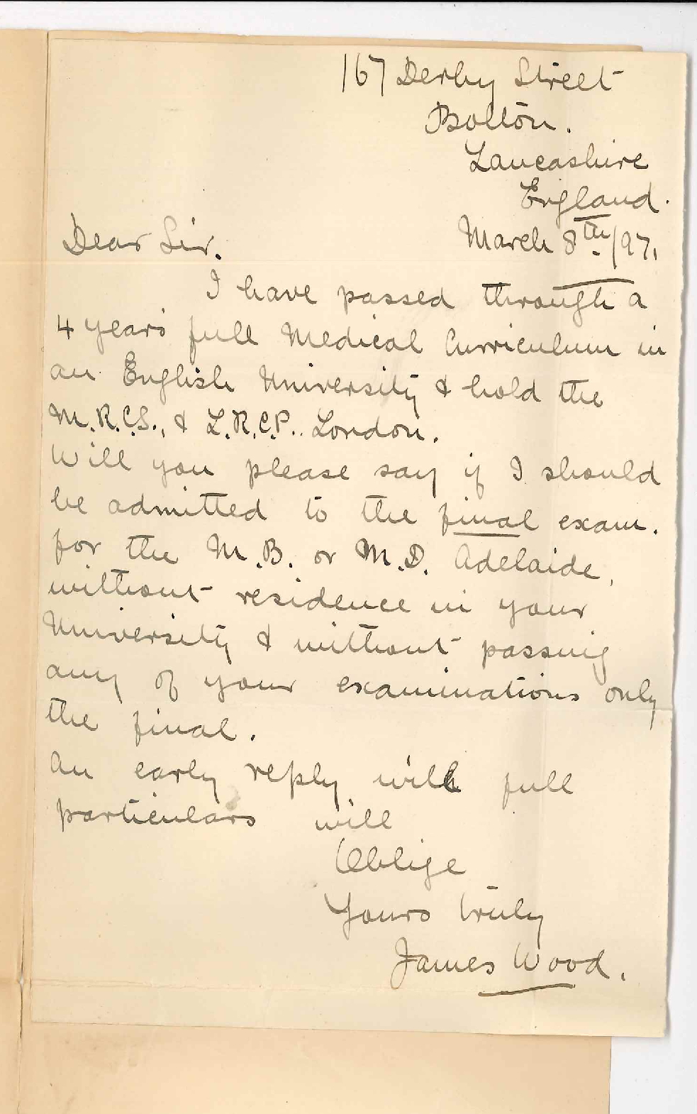 James Wood - 167 Derby Street Bolton Lanceashire - England - Concerning the MB And MD Degrees
