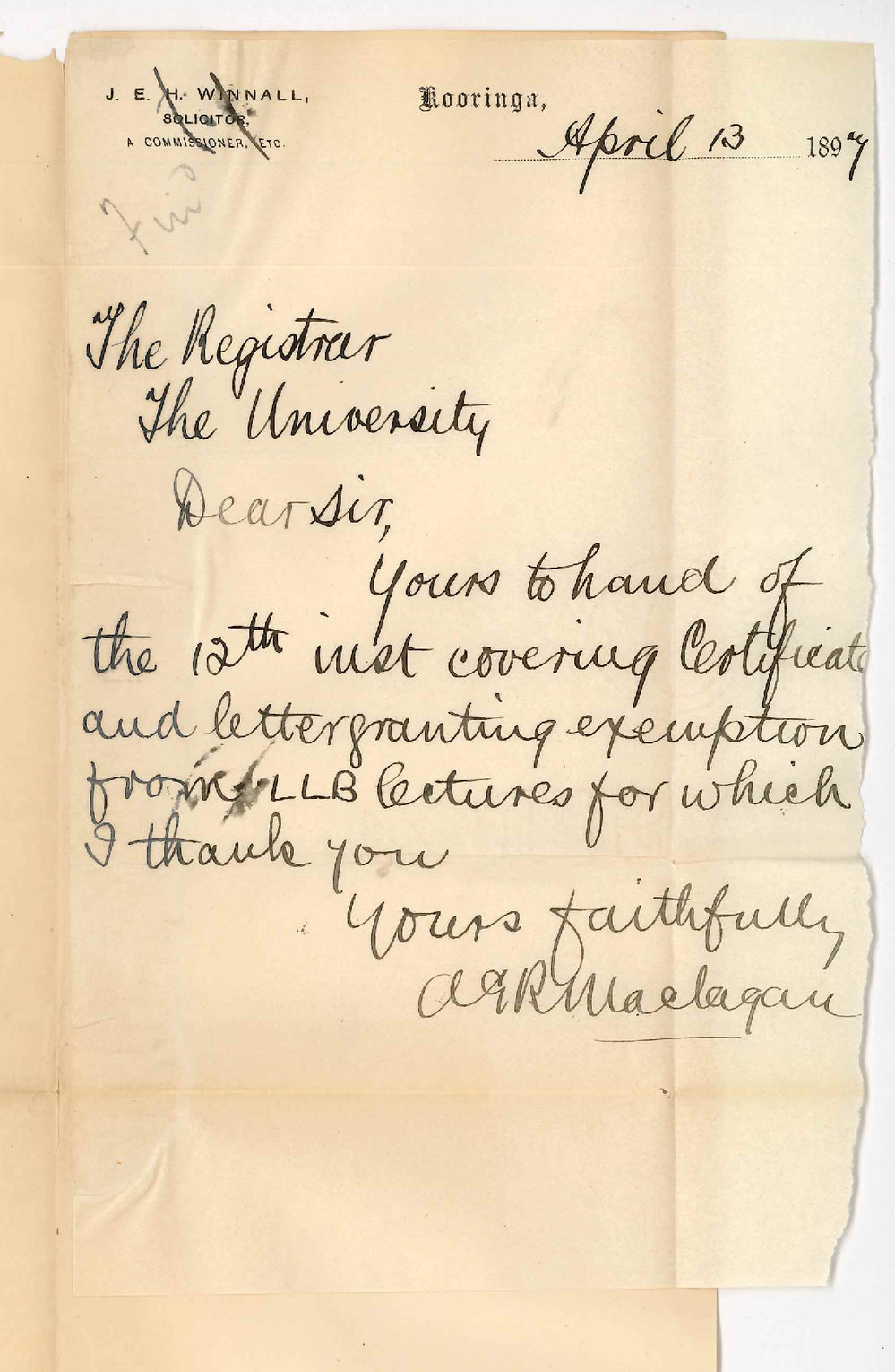 Archibald George Remington Maclagan - Kooringa - Acknowledging Certificate and thanks for granting exemption from LLB lectures