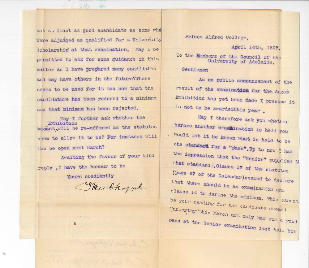 Frederic Chapple Esq BA BSc - Prince Alfred College Kent Town - Concerning the Angas Exhibition