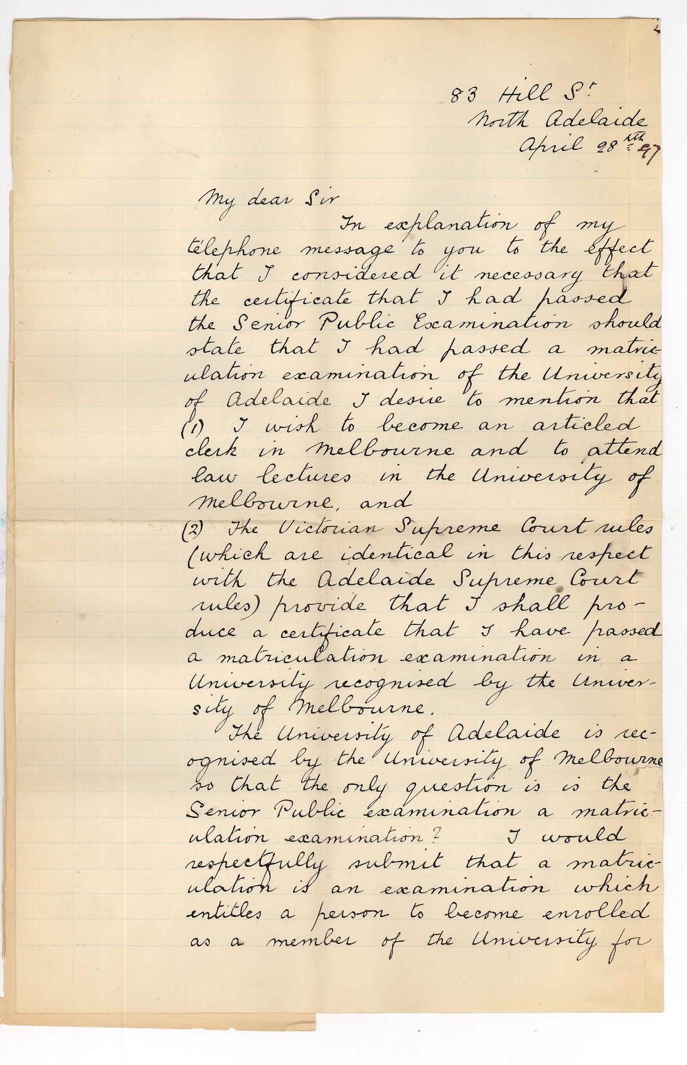 Frederick Brooke Boothby - Supreme Court Adelaide - Full explanation concerning request for Matriculation Certificate