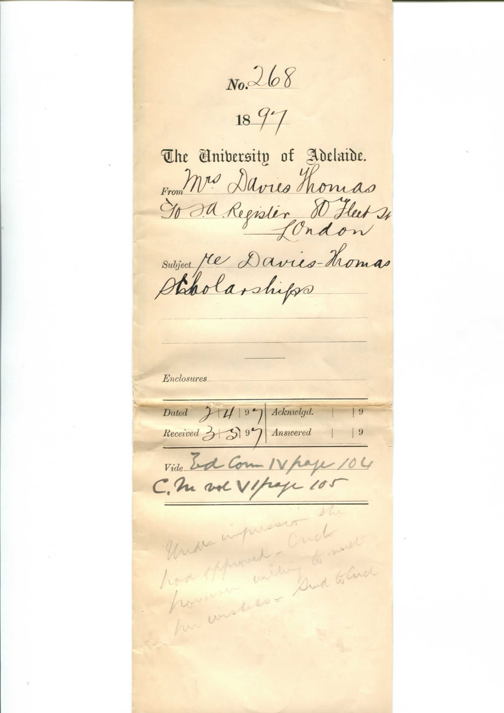 Mrs Eleanor Davies Thomas - c/o South Australian Register - 80 Fleet Street London - Regarding Davies Thomas Scholarships