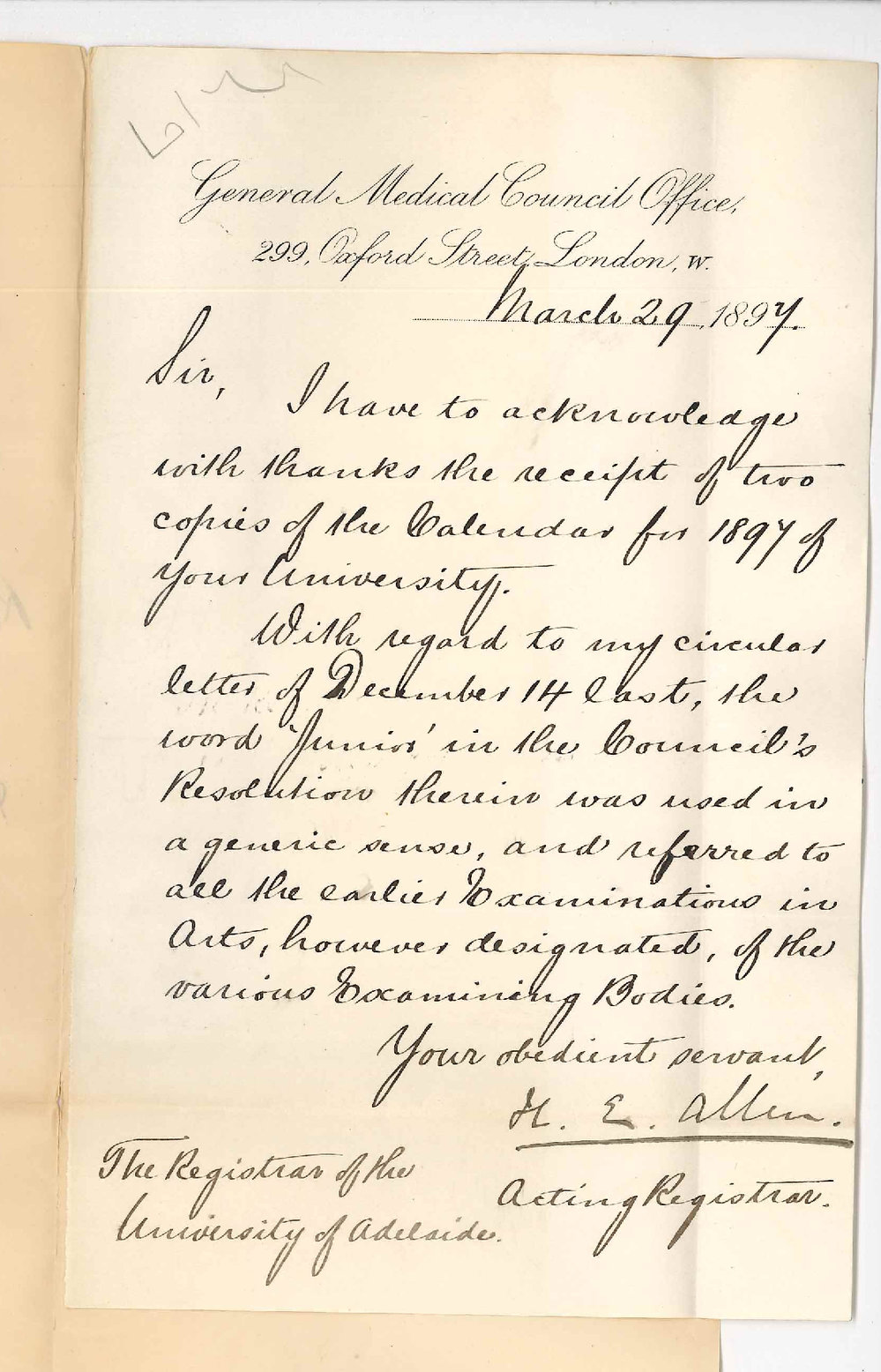 H E Allen - Acting Registrar - General Medical Council Office - London - Acknowledging Calendars and regarding Junior Exams